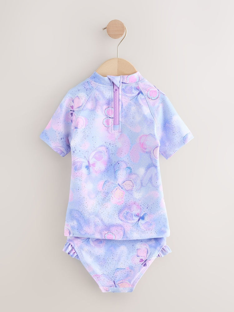 Lilac Purple Butterfly Foil Short Sleeved Sunsafe Swim Set (3mths-10yrs)