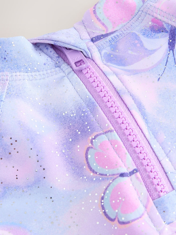Lilac Purple Butterfly Foil Short Sleeved Sunsafe Swim Set (3mths-10yrs)
