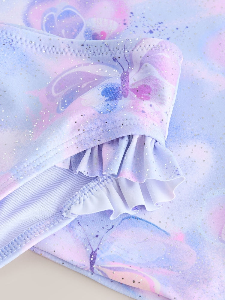 Lilac Purple Butterfly Foil Short Sleeved Sunsafe Swim Set (3mths-10yrs)