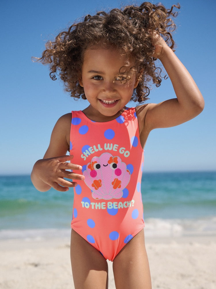 Coral Pink Shell Polka Dot Swimsuit (3mths-10yrs)