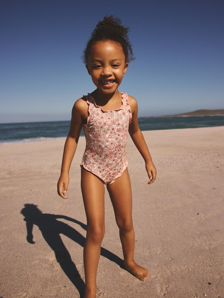 Coral Pink Ditsy Floral Lettuce Edge Swimsuit (3mths-7yrs)