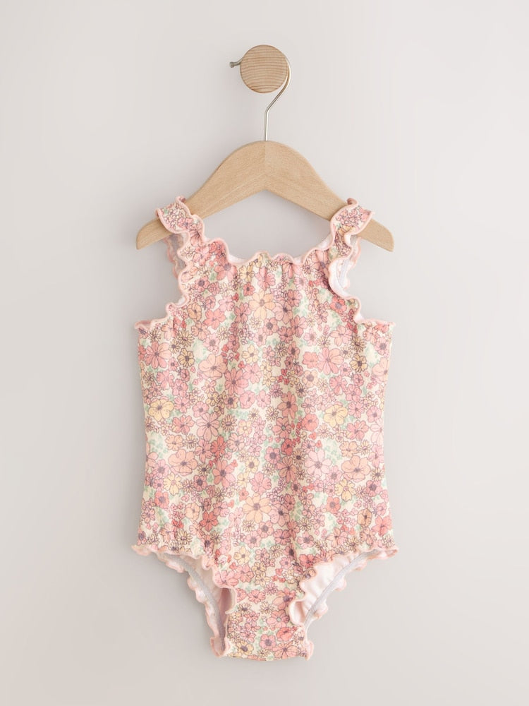 Coral Pink Ditsy Floral Lettuce Edge Swimsuit (3mths-7yrs)