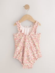 Coral Pink Ditsy Floral Lettuce Edge Swimsuit (3mths-7yrs)
