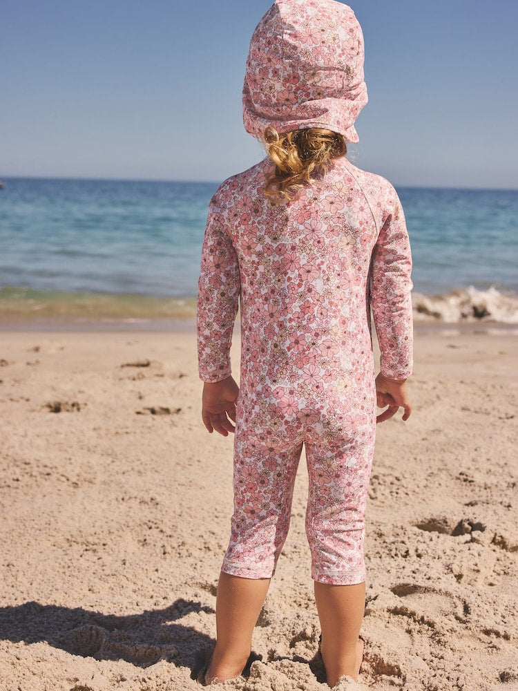 Coral Pink Ditsy Floral Print Swim Legionnaire Hat (3mths-10yrs) - Size 3-9 Months (62-74cm)