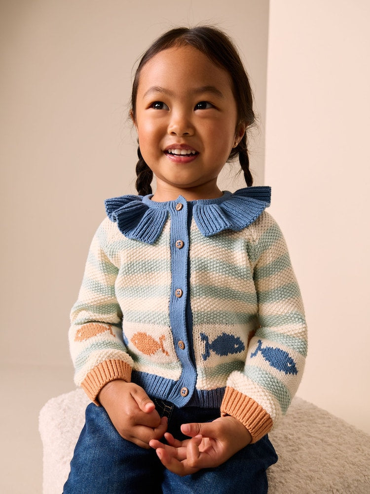 Light Blue Collared Fish Stripe Cardigan (3mths-7yrs)