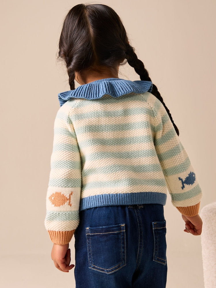 Light Blue Collared Fish Stripe Cardigan (3mths-7yrs)