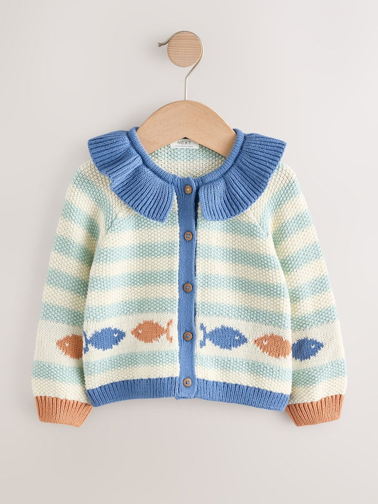 Light Blue Collared Fish Stripe Cardigan (3mths-7yrs)