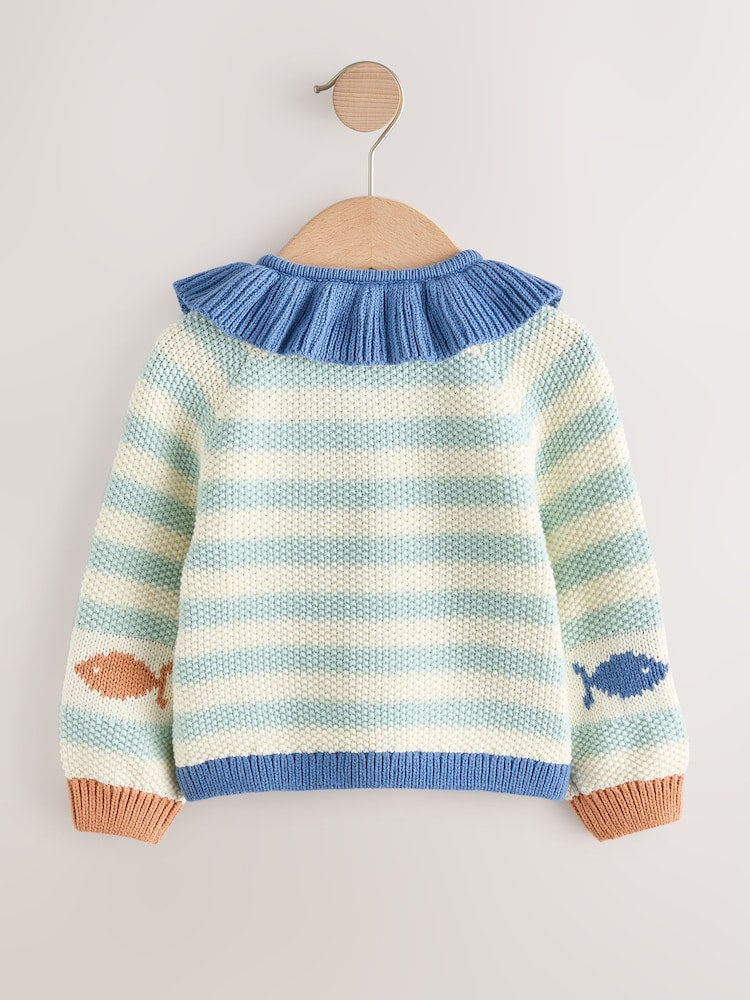 Light Blue Collared Fish Stripe Cardigan (3mths-7yrs)
