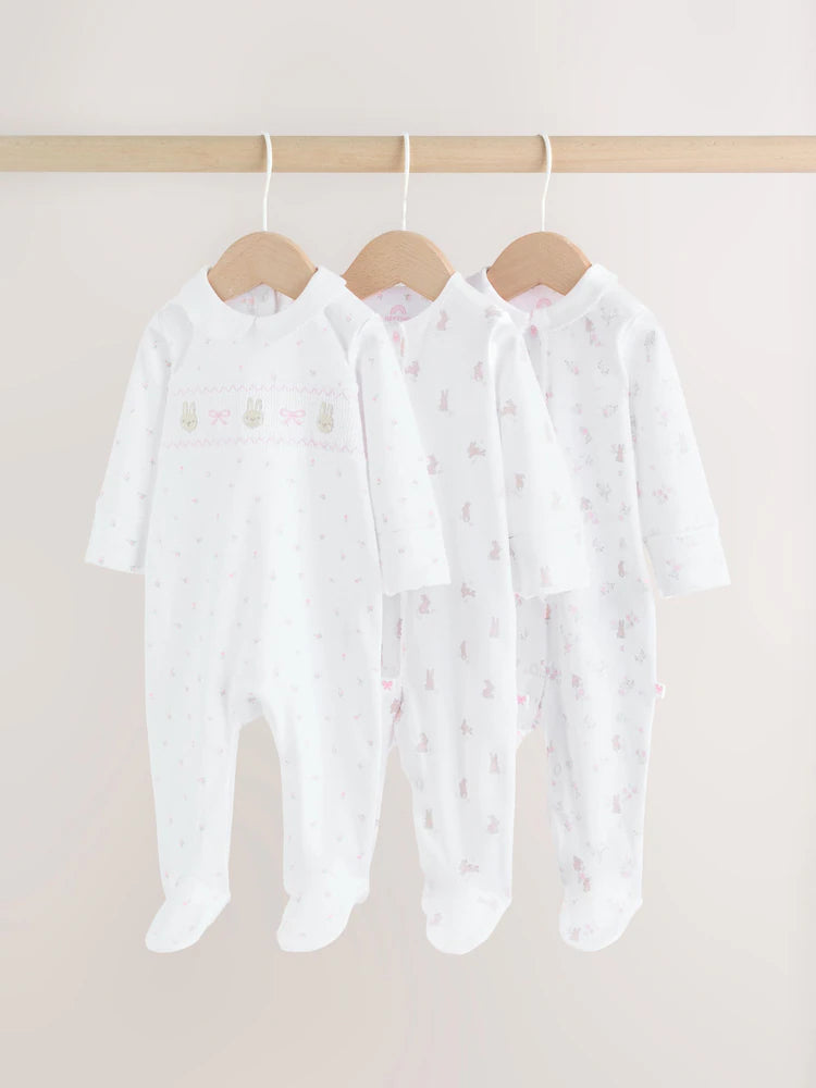 White/Pink Collar Baby Sleepsuits 3 Pack