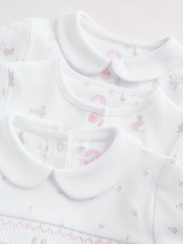 White/Pink Collar Baby Sleepsuits 3 Pack (0-2yrs)