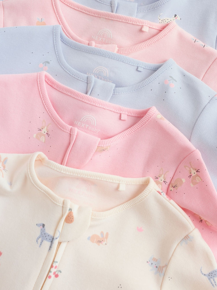 Multi Pastel Character Two Way Zip Baby Sleepsuits 5 Pack (0-2yrs)