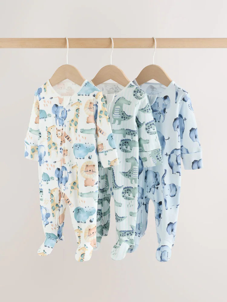 Blue Safari Two Way Zip Baby Sleepsuits 3 Pack (0mths-2yrs)
