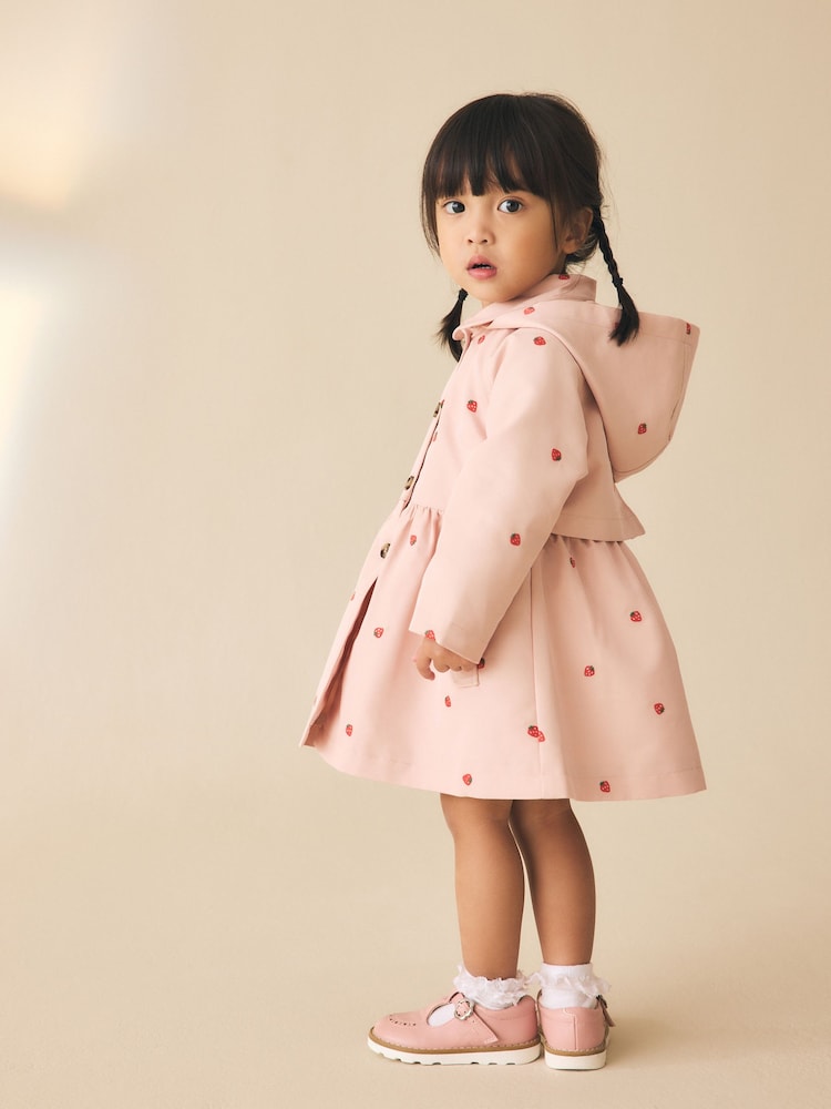 Pink Strawberry Embroidery Shower Resistant Skirted Coat (3mths-7yrs)