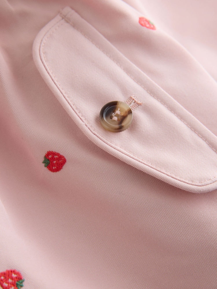 Pink Strawberry Embroidery Shower Resistant Skirted Coat (3mths-7yrs)