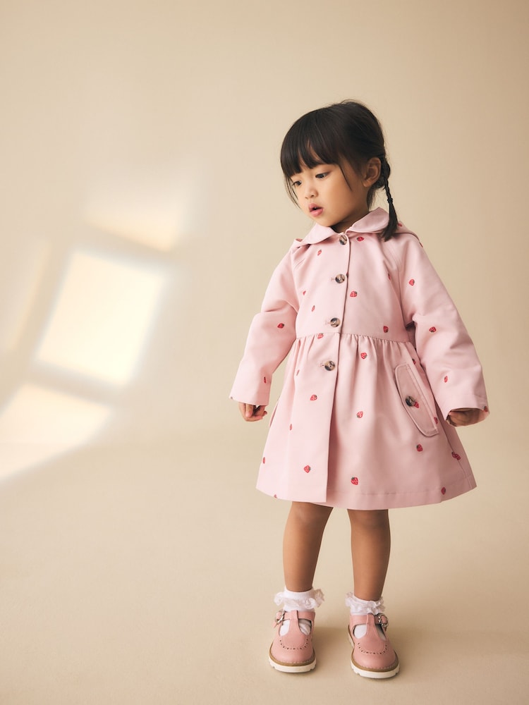 Pink Strawberry Embroidery Shower Resistant Skirted Coat (3mths-7yrs)