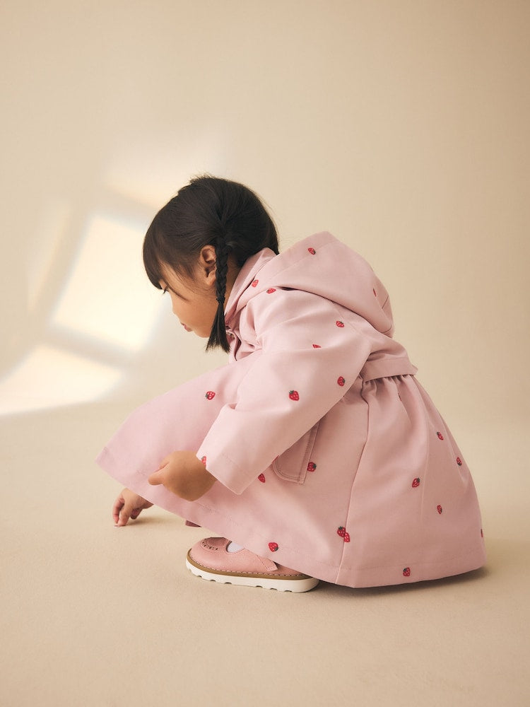 Pink Strawberry Embroidery Shower Resistant Skirted Coat (3mths-7yrs)