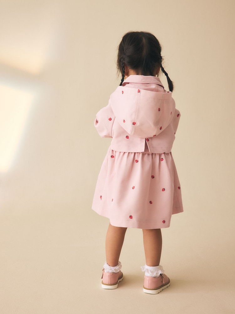 Pink Strawberry Embroidery Shower Resistant Skirted Coat (3mths-7yrs)