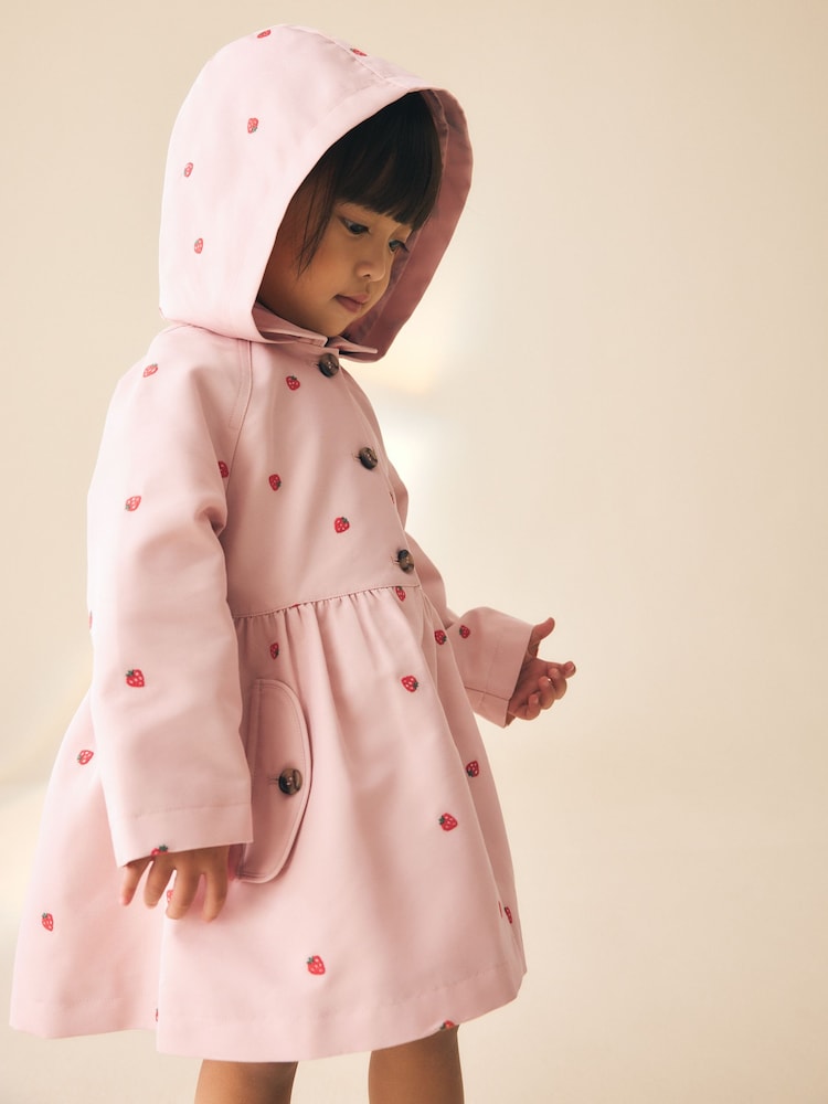 Pink Strawberry Embroidery Shower Resistant Skirted Coat (3mths-7yrs)