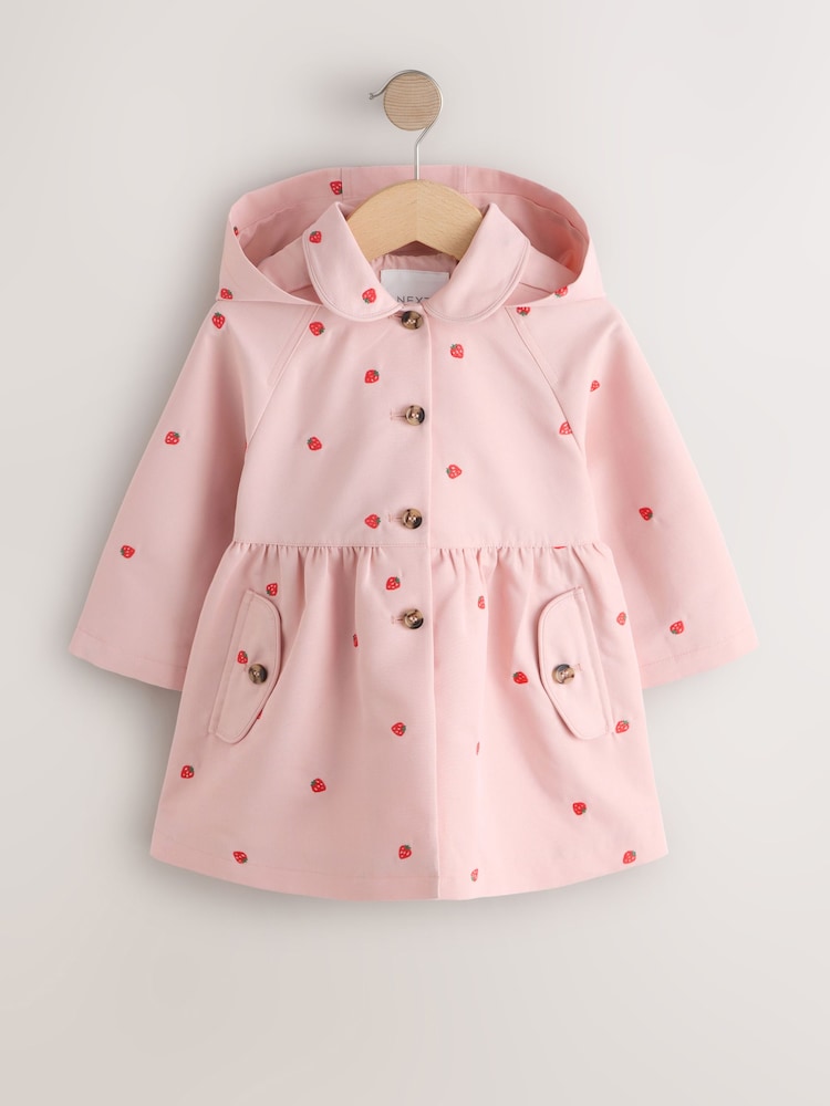 Pink Strawberry Embroidery Shower Resistant Skirted Coat (3mths-7yrs)