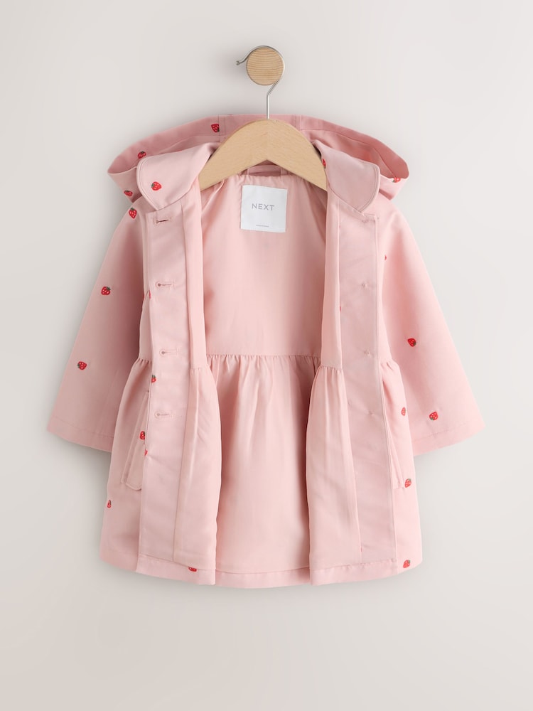 Pink Strawberry Embroidery Shower Resistant Skirted Coat (3mths-7yrs)