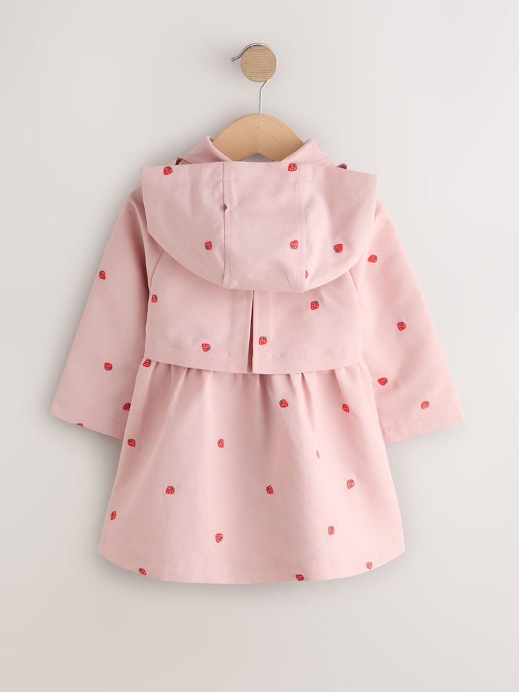 Pink Strawberry Embroidery Shower Resistant Skirted Coat (3mths-7yrs)