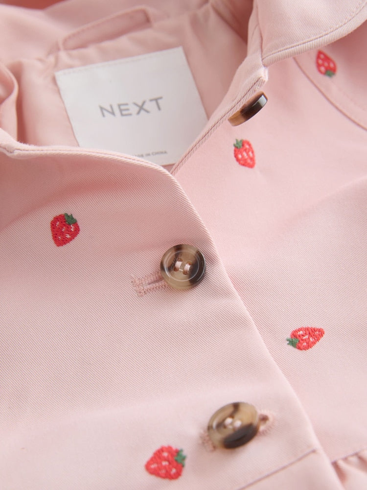 Pink Strawberry Embroidery Shower Resistant Skirted Coat (3mths-7yrs)