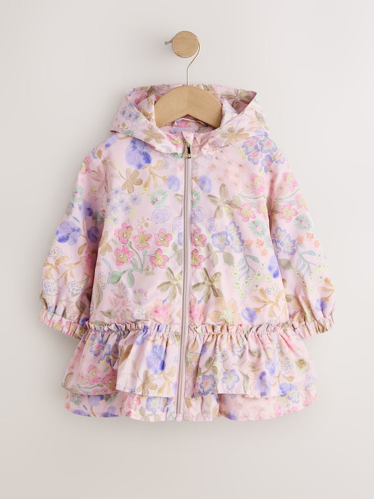 Pink Floral Printed Shower Resistant Frill Hem Raincoat (3mths-7yrs) - Size 3-6 Months (62-68cm)