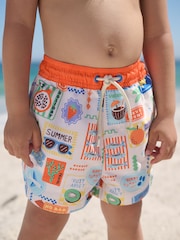 White Postcard Printed Swim Shorts (3mths-7yrs) - Size 3-6 Months (62-68cm)