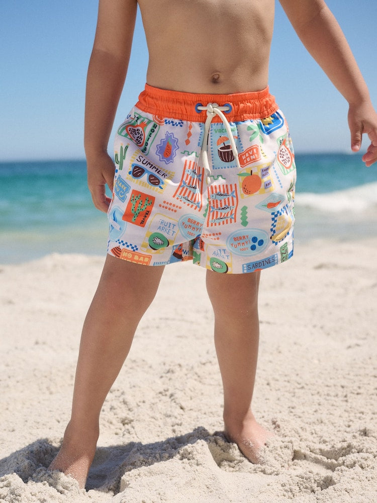 White Postcard Printed Swim Shorts (3mths-7yrs) - Size 3-6 Months (62-68cm)