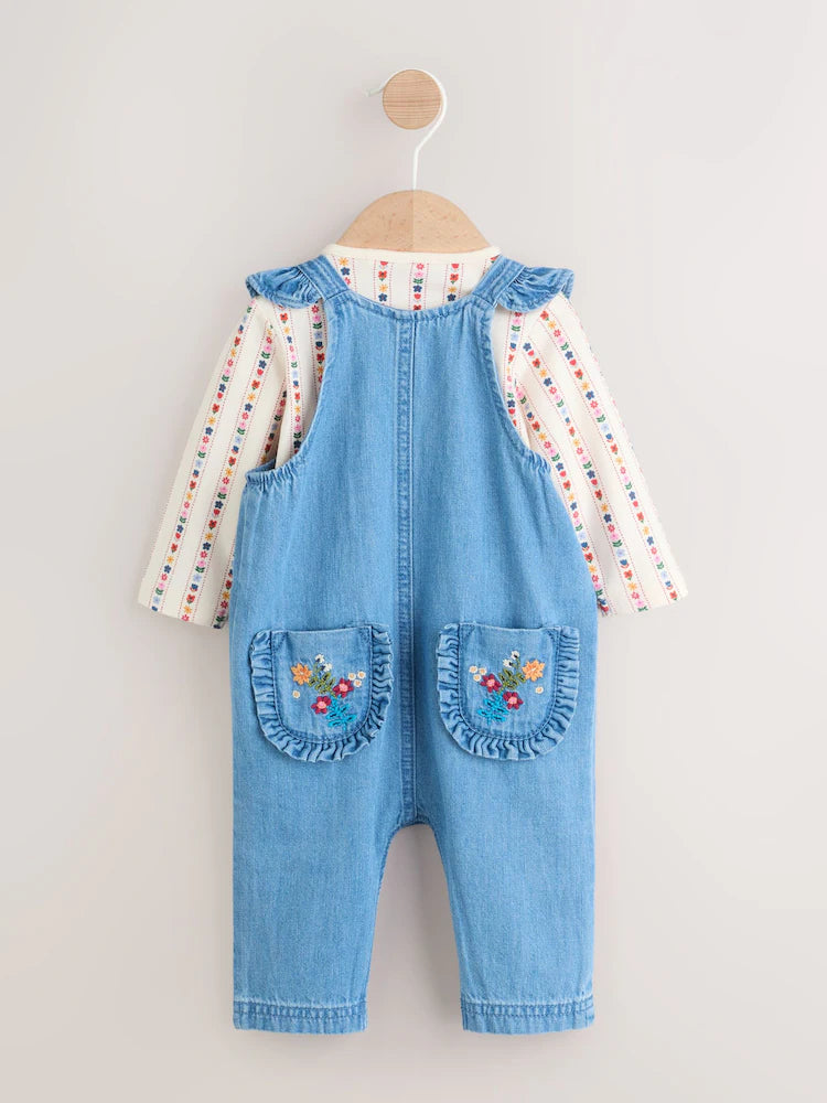 Embroidered Denim Dungarees and Long Sleeve Bodysuit Set 2 Piece (0mths-3yrs)