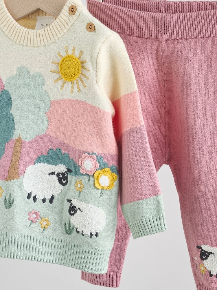 Pink Sheep Scene Baby Knitted Jumper and Leggings Set 2 Piece (0mths-2yrs)