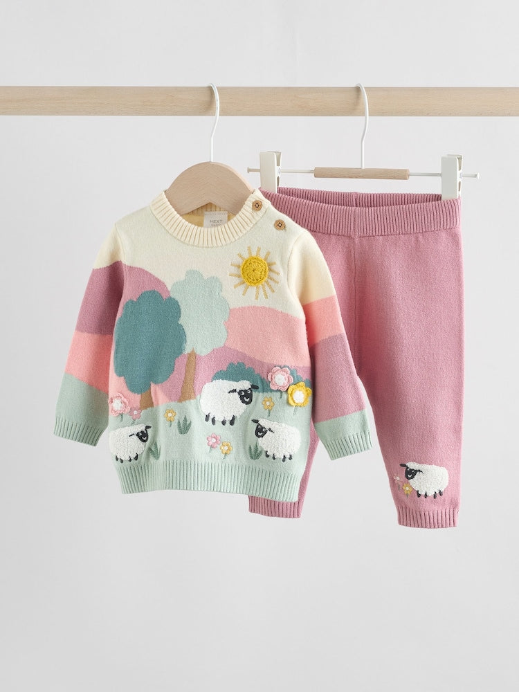Pink Sheep Scene Baby Knitted Jumper and Leggings Set 2 Piece (0mths-2yrs)