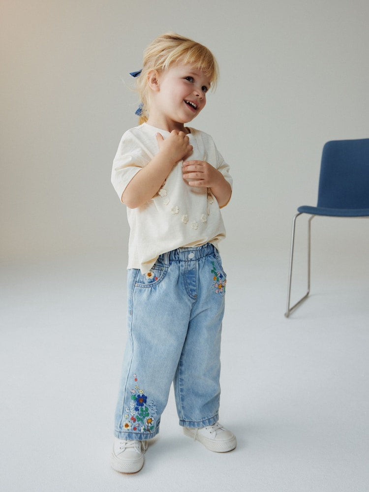 Mid Blue Floral Embroidered Jeans (3mths-7yrs)