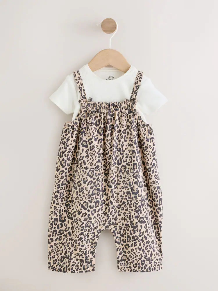 Leopard Print Baby Jersey Dungarees and Bodysuits Set 2 Piece (0mths-3yrs)