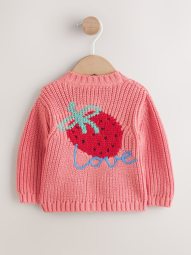 Pink Strawberry Baby Embroidered Back Cardigan (0mths-2yrs)