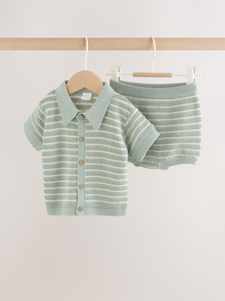 Sage Green Stripe Knitted Top and Shorts Baby Set (0mths-2yrs)