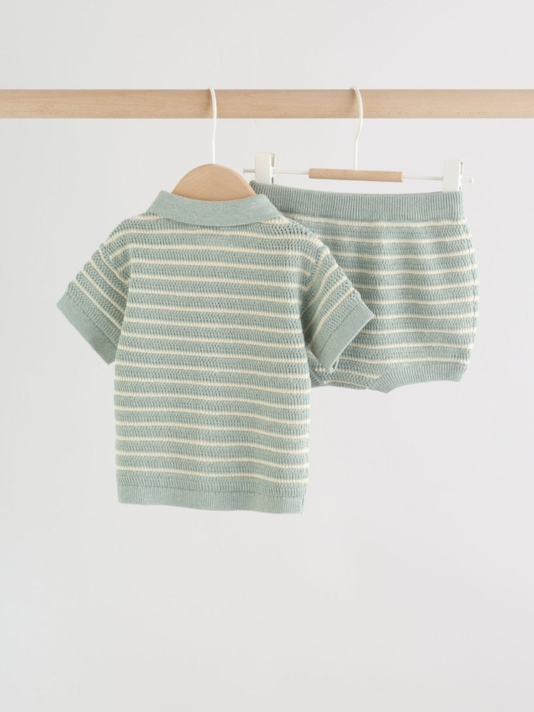 Sage Green Stripe Knitted Top and Shorts Baby Set (0mths-2yrs)