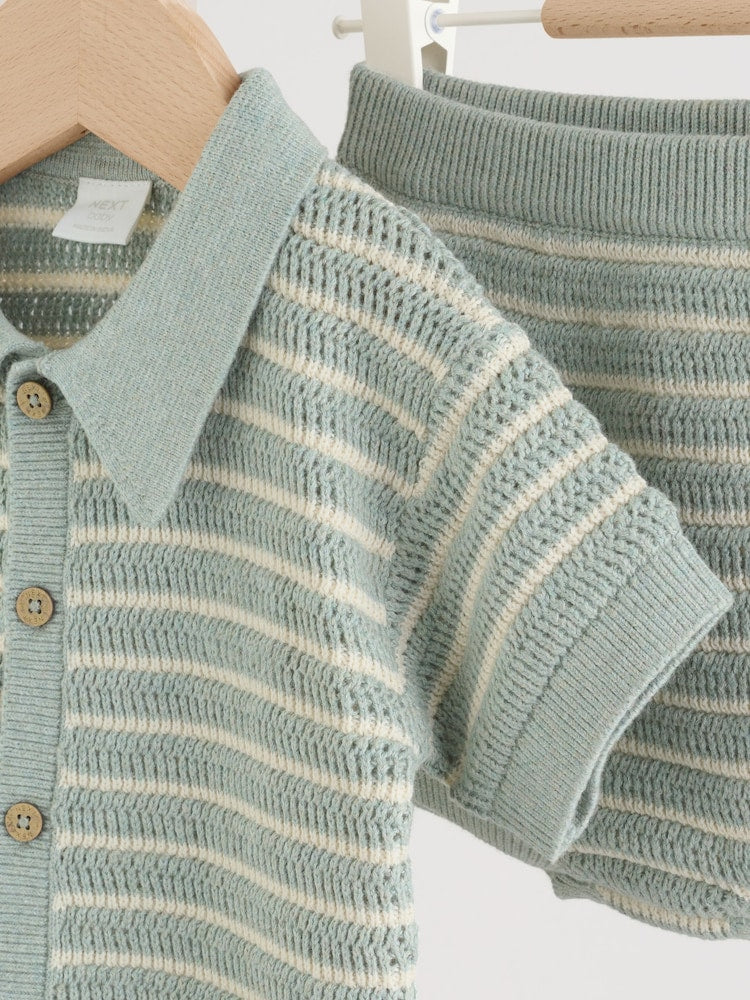 Sage Green Stripe Knitted Top and Shorts Baby Set (0mths-2yrs)