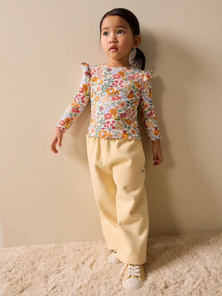 Orange Ditsy Floral Long Sleeve Ribbed Frill Top (3mths-7yrs)