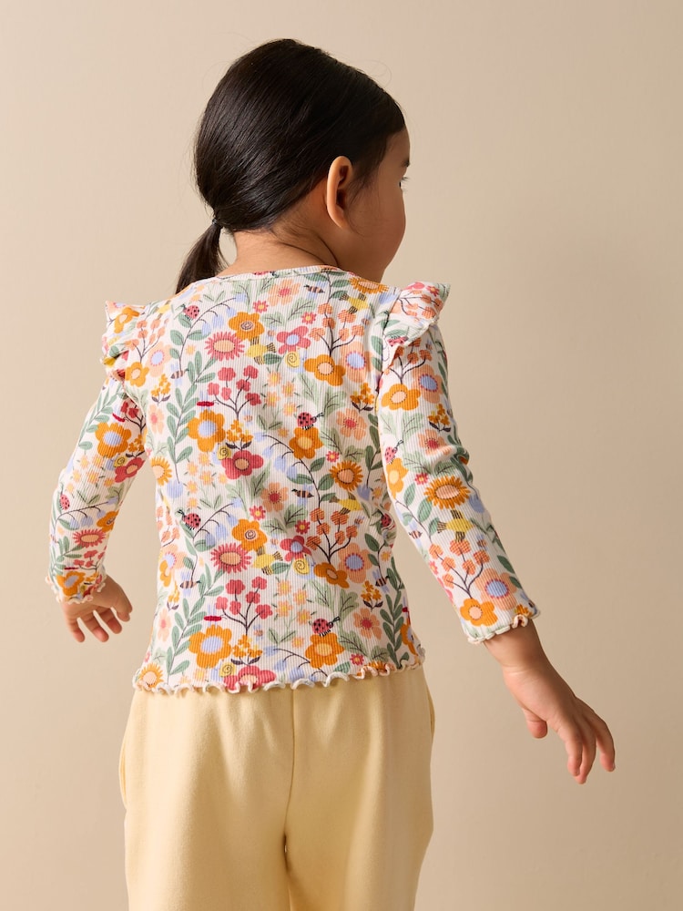 Orange Ditsy Floral Long Sleeve Ribbed Frill Top (3mths-7yrs)