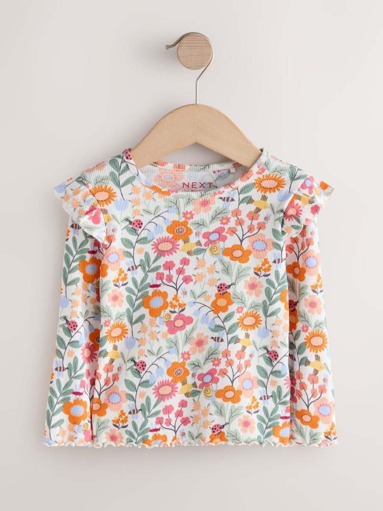 Orange Ditsy Floral Long Sleeve Ribbed Frill Top (3mths-7yrs)