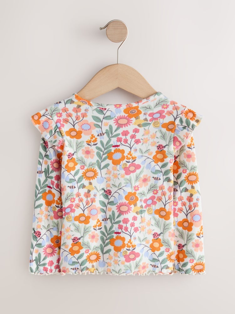 Orange Ditsy Floral Long Sleeve Ribbed Frill Top (3mths-7yrs)