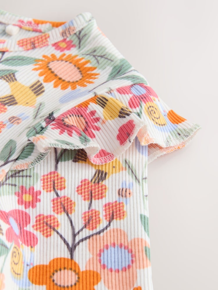 Orange Ditsy Floral Long Sleeve Ribbed Frill Top (3mths-7yrs)