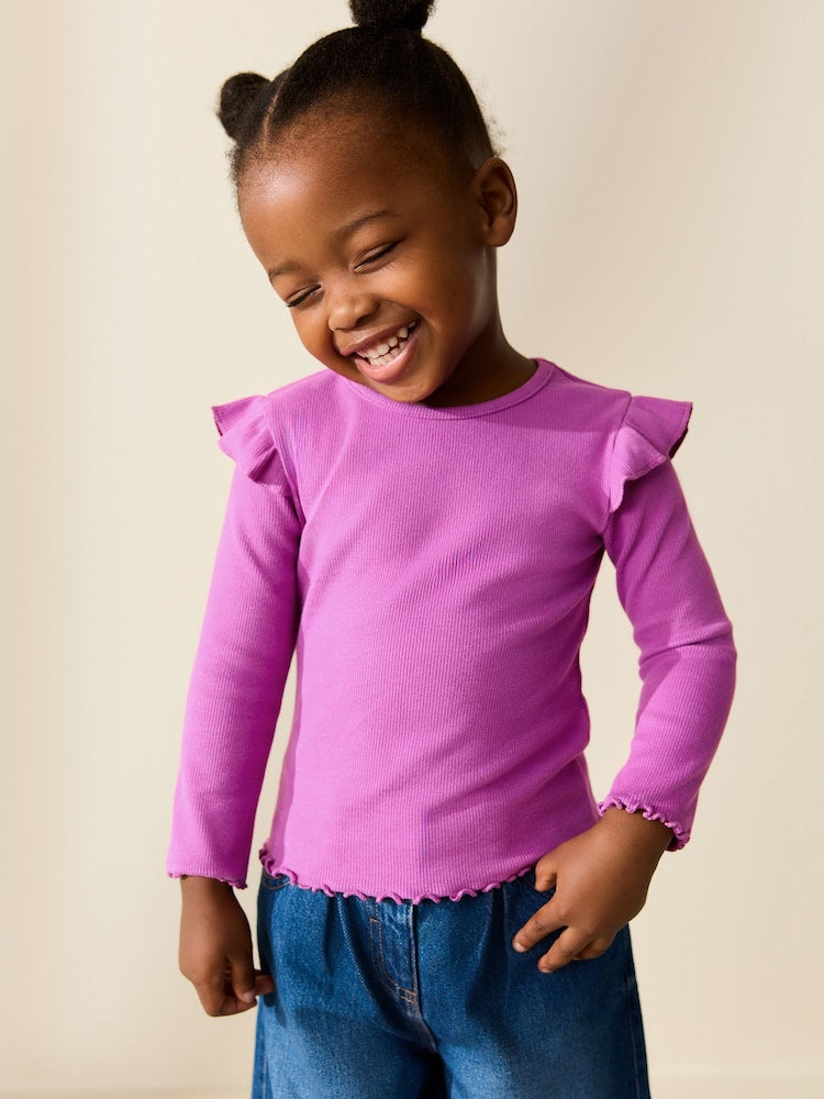 Purple Long Sleeve Ribbed Frill Top (3mths-7yrs)