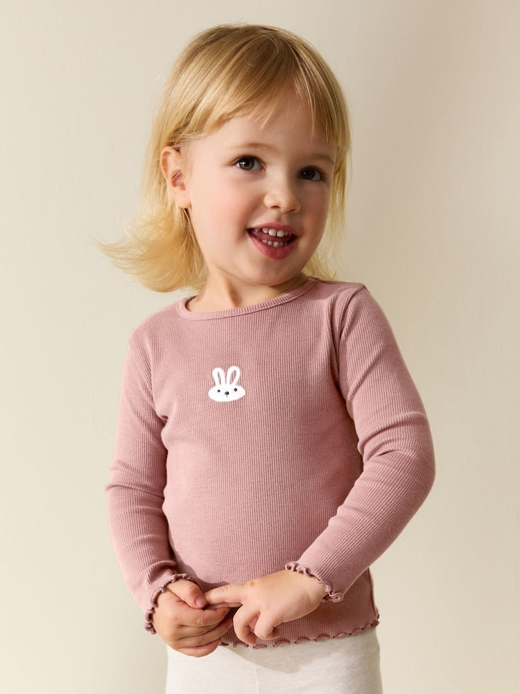 Pink Bunny Long sleeve Embroidered Ribbed Top (3mths-7yrs)