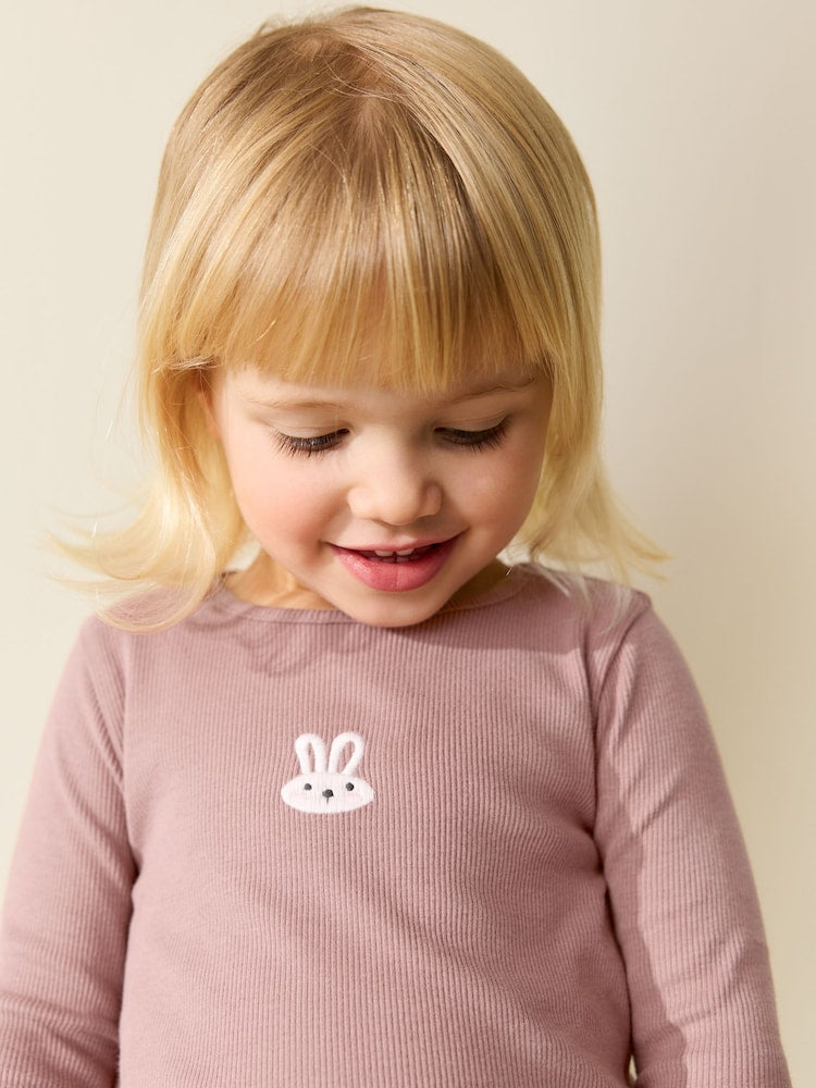 Pink Bunny Long sleeve Embroidered Ribbed Top (3mths-7yrs)