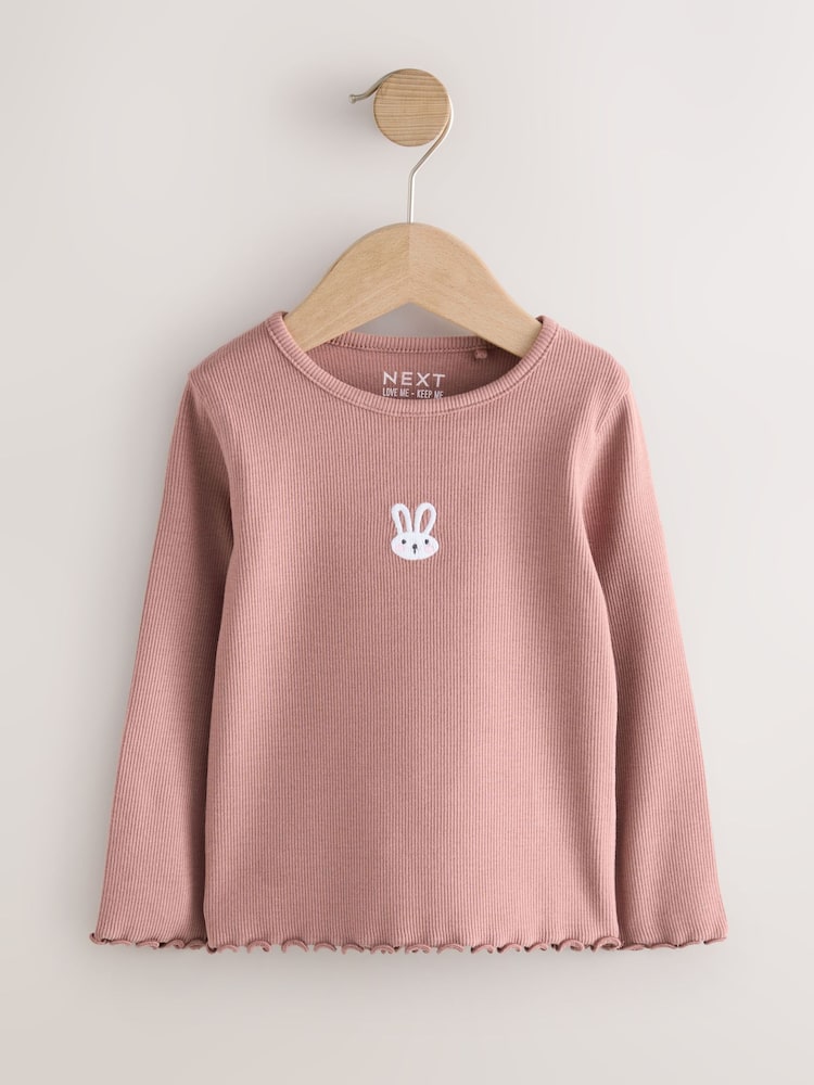 Pink Bunny Long sleeve Embroidered Ribbed Top (3mths-7yrs)
