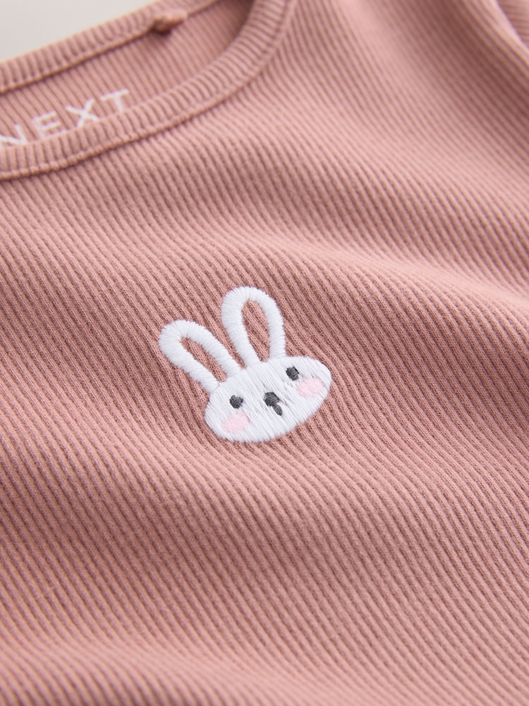 Pink Bunny Long sleeve Embroidered Ribbed Top (3mths-7yrs)