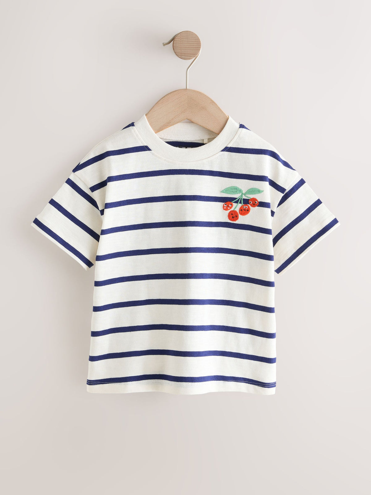 Ecru/Navy Stripe Cherry Short Sleeve Embroidered T-Shirt (3mths-7yrs)