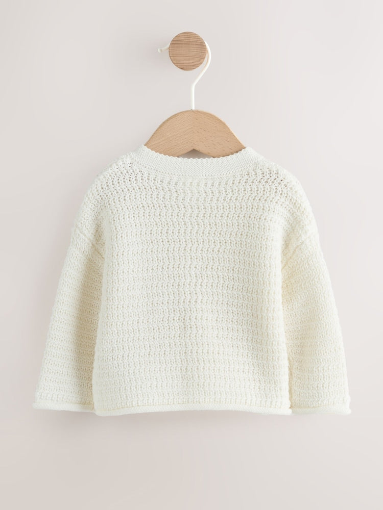 White Textured Knitted Baby Cardigan
